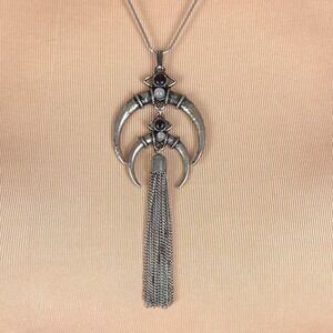 Bohemian Crescent Moon Tassel Pendant Necklace Silver Tone Statement